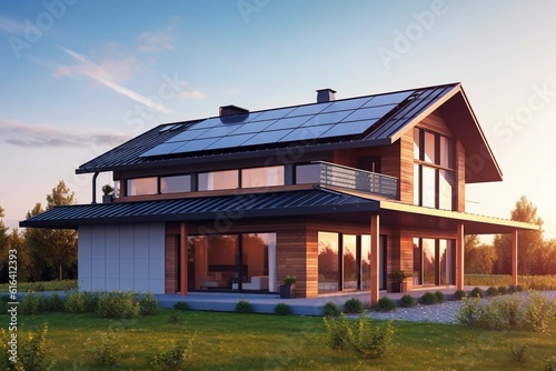 Solar photovoltaic panels on a house roof Generative AI