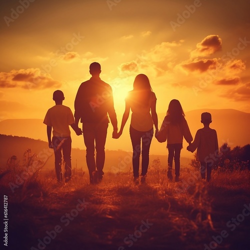Happy family at sunset  Father  Mother and children  Generative AI