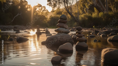 Lomilomi stones on back, outside by a forest river. Created with Generative AI Technology