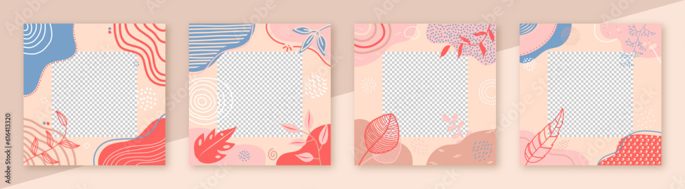 Fototapeta premium Modern Abstract Floral Social Media Post Template Collection. Set of 4 Trendy Editable Graphic Square Frames. Branding, Promotion, Marketing and Advertisement Vector Illustration. Social Network Story