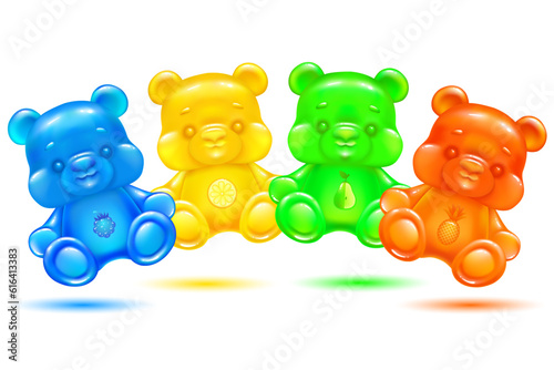 funny cartoon blue, yellow, orange and green jelly bears with berry, citrus, pineapple and pear flavor on a white background. bright gummy animals candy. isolated vector illustration.