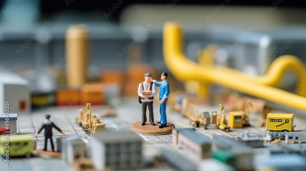 Obraz premium Miniature worker cooperation team work search on solution blue collar generative ai