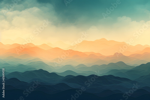 blue and orange color gradient background. abstract misty landscape at golden hour with waves, clouds, mountains as texture silhouette - generative ai