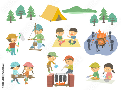キャンプをする子どもたちのイラストセット(PNG/JPG）