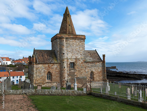 A view of the ancient church overlooking the Firth of Forth at St Monans, Fife Scotland, UK. photo