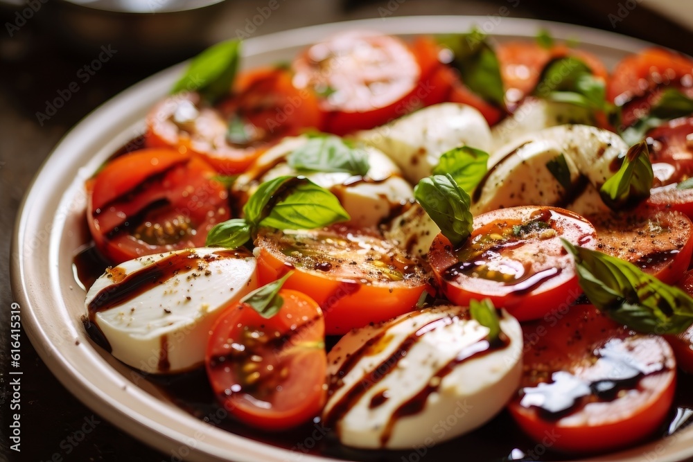 an Insalata Caprese with fresh mozzarella, tomatoes, basil, and drizzled with balsamic glaze an Insalata Caprese with fresh mozzarella, tomatoes, basil, and drizzled with balsamic glaze