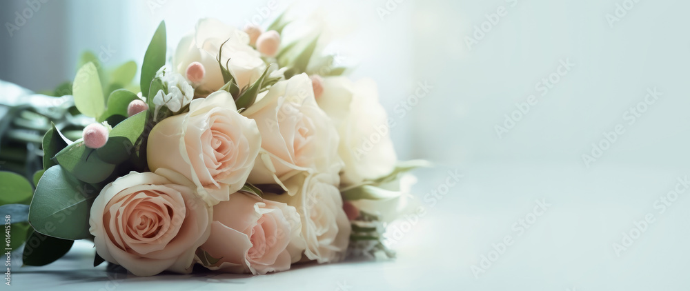 A beautiful wedding bouquet on a delicate background, copy space. Generative AI A beautiful wedding bouquet on a delicate background, copy space. Generative AI
