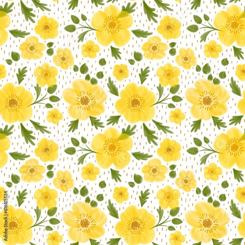 Yellow flower seamless pattern. Summer daisy and buttercup repeat print. Cottagecore textile design. Hand drawn wildflowers on polka dot white background. Floral design for wedding, fabric, paper. © Tani Kuzminka
