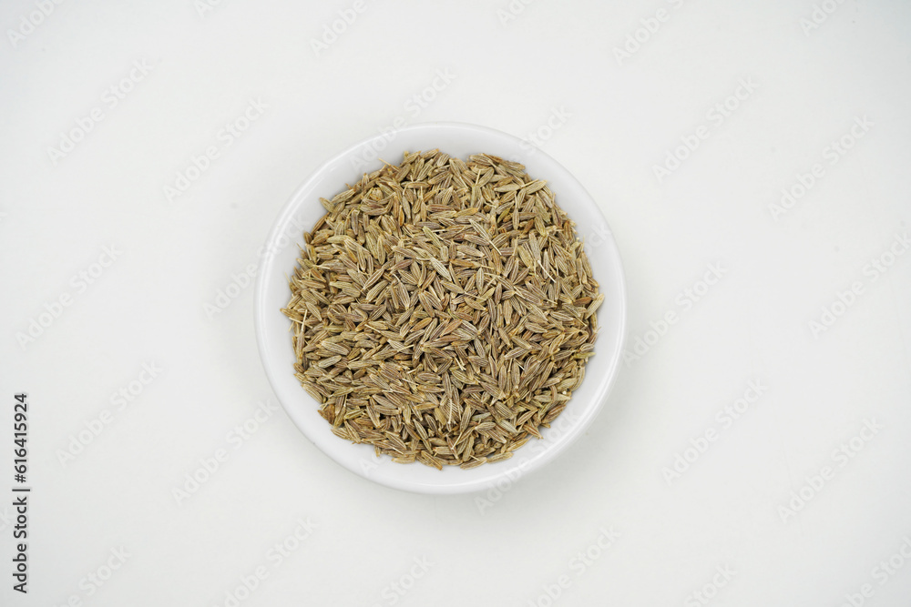 Top view of caraway seeds isolated on white background