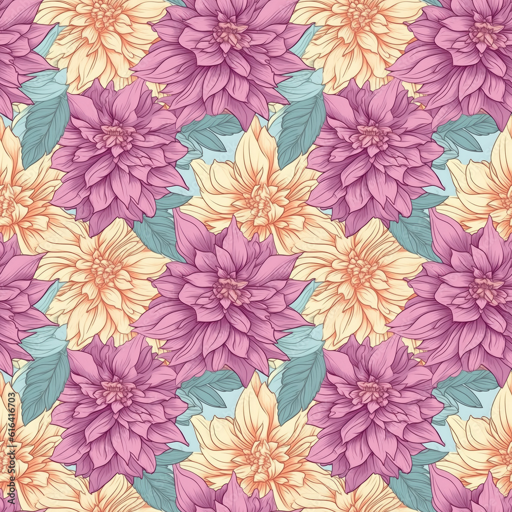 Hand drawn dahlia flowers seamless pattern. Generative AI 1 Hand drawn dahlia flowers seamless pattern. Generative AI 1