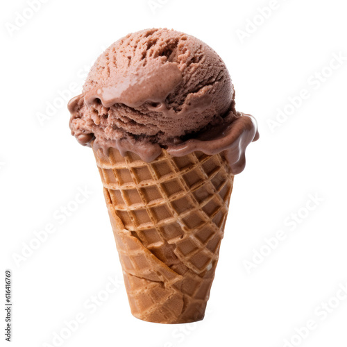 Cold Scoop of Chocolate Ice Cream in Waffle Cone Isolated on Transparent Background