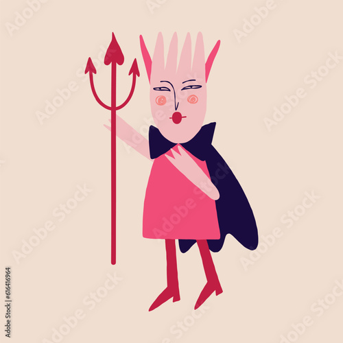 Funny bizarre Demon with a trident. Illustration in a fashionable flat style for Halloween