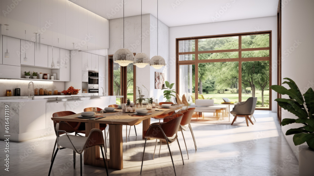 Generative ai illustration of a dining room and open plan kitchen by ...