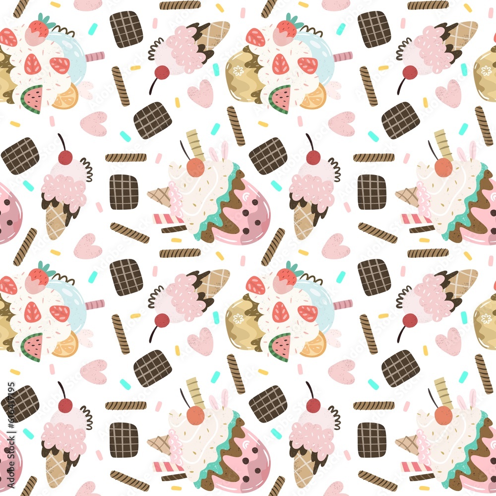 Seamless pattern with cartoon milkshakes, decor elements. hand drawing, flat style. design for fabric, print, textile, wrapper