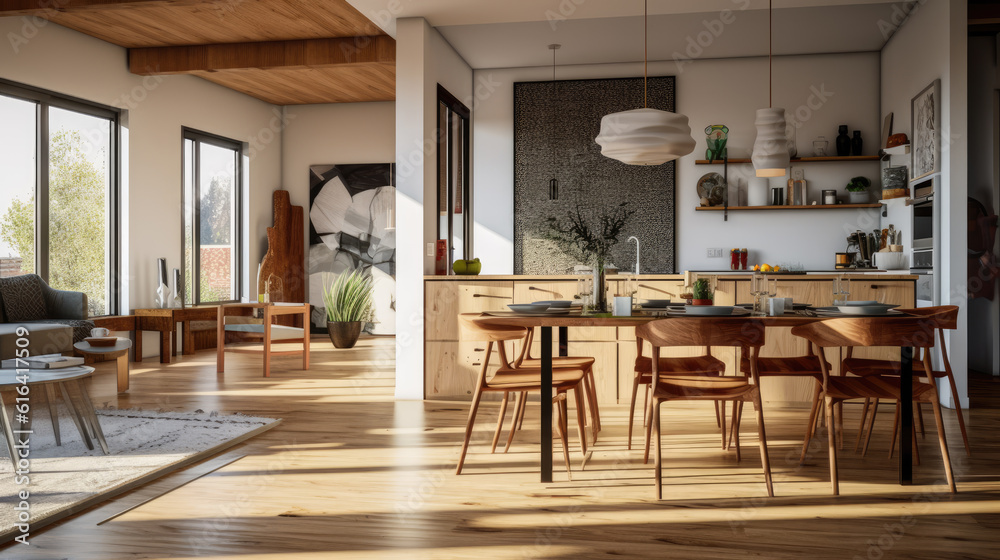 Generative ai illustration of a dining room and open plan kitchen by ...