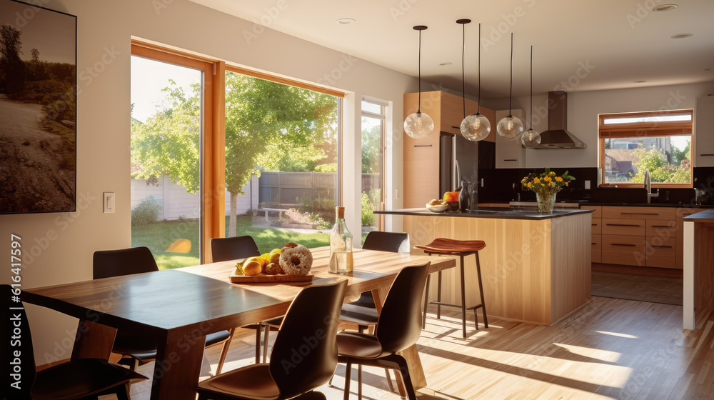 Generative ai illustration of a dining room and open plan kitchen by Day Generative ai illustration of a dining room and open plan kitchen by Day