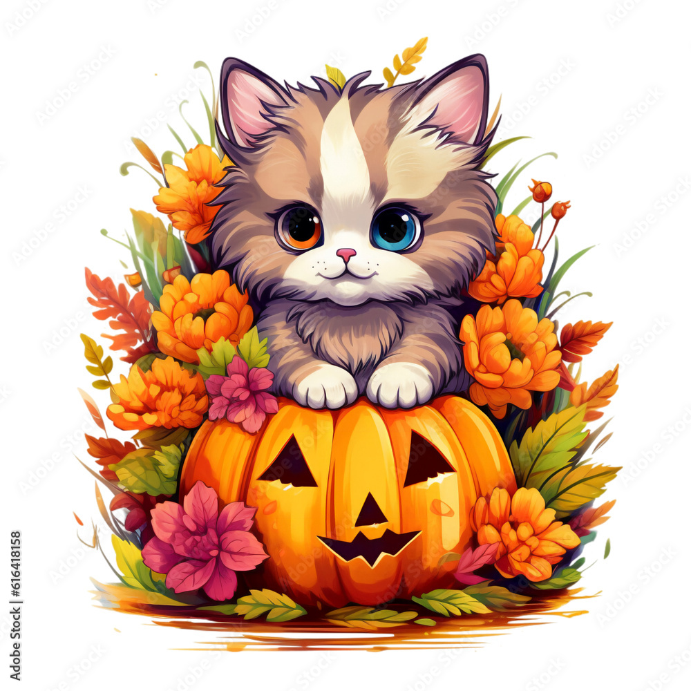Fall Autumn Watercolor Clip Art, Fall Autumn Watercolor Illustration, Autumn Sublimation Design, Cat Clip Art