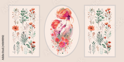 Happy Mother's Day. Vector watercolor illustrations of mother, child, twigs, leaves, flowers, paint strokes. Drawings for a postcard, poster, or background