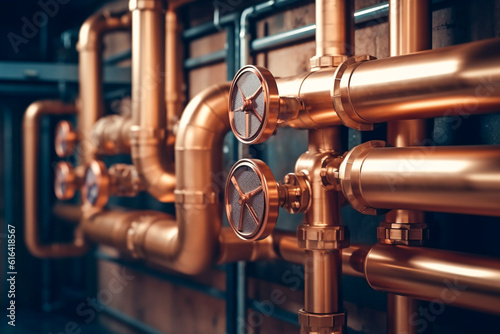 Slika na platnu Boiler room equipment - copper pipeline of a heating system
