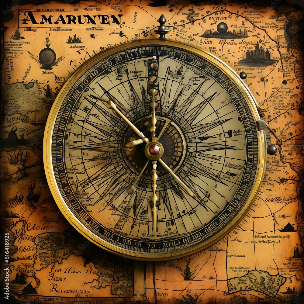 Ancient Old Compass on the travel world map, Generative AI