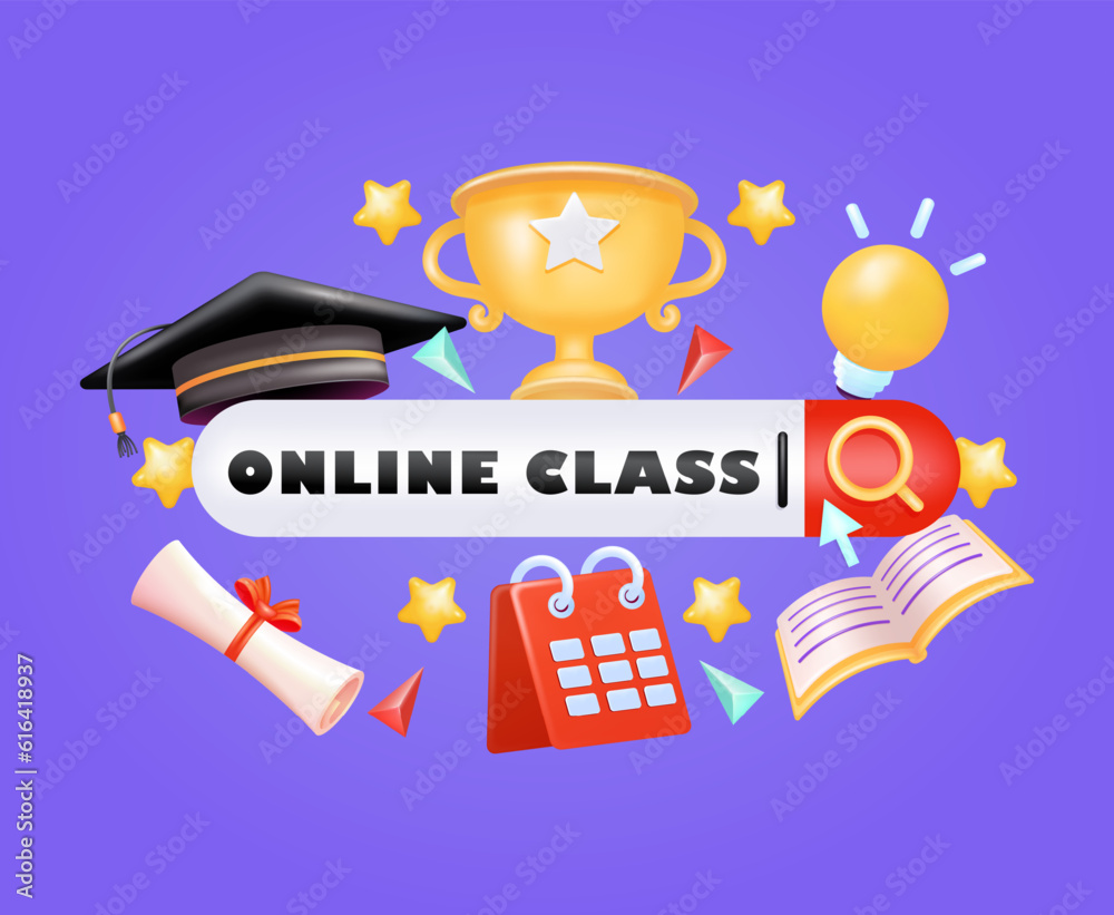 Online Class, search bar surrounded by 3d vector elements of trophy, graduation cap, calendar certificate, lamp, stars and books. Perfect for education and design elements Online Class, search bar surrounded by 3d vector elements of trophy, graduation cap, calendar certificate, lamp, stars and books. Perfect for education and design elements