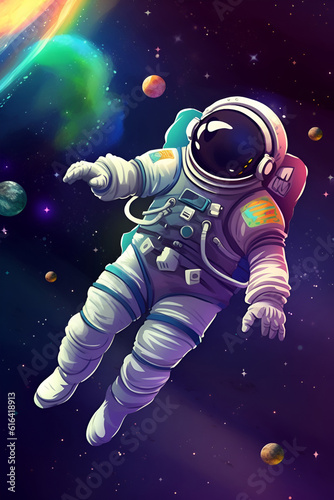 Cartoon illustration Of Space. Space flat background with astronaut, planets and stars. Galaxy illustration for kids. Generative AI