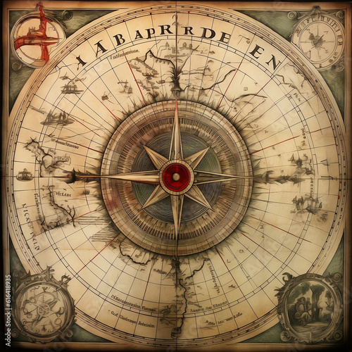 Ancient Old Compass on the travel world map, Generative AI