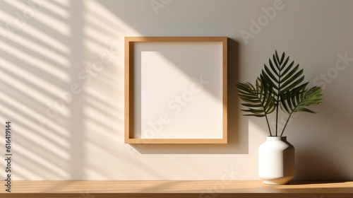 Generative ai illustration of blank wooden frame against white wall