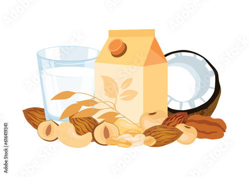 Plant-based milk glass and box vector illustration. Plant-based milk alternatives drawing. Glass of plant milk with nuts, oat, soybean, coconut vector illustration. Carton of vegetable milk vector