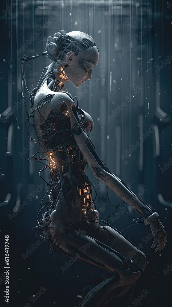 Obraz premium A Cutting-Edge Transhuman Robot with Complex Wire Connections: Exploring the Intricacies of Artificial Intelligence. Generative AI