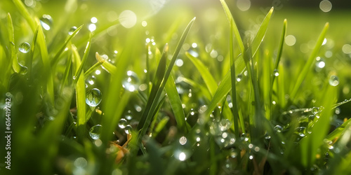 Drops of Water on the Grass. Morning Dew. Blurred Background, background of dew drops on grass, generative Ai 