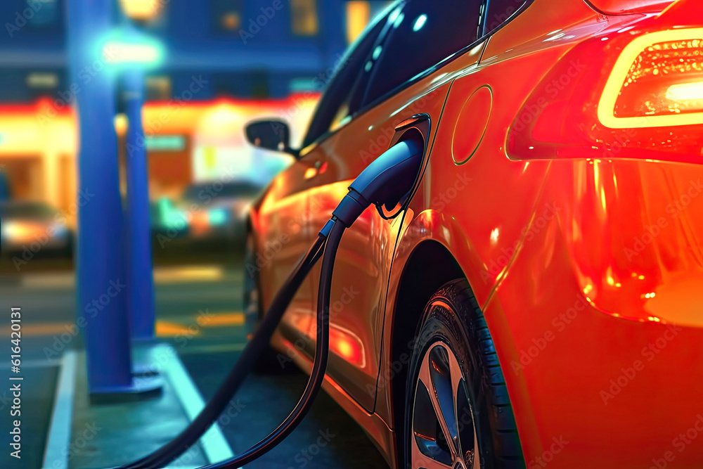 An electric car is being plugged in during a nighttime to charge the battery.