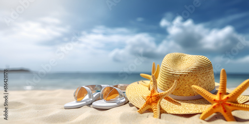 hat and sunglasses on the beach, Tropical beach with sunbathing accessories summer holiday background AI Generative