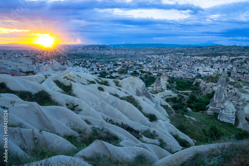 View of Göreme town from above in the evening. Göreme is a touristic place in the Cappadocia region in Turkey.
