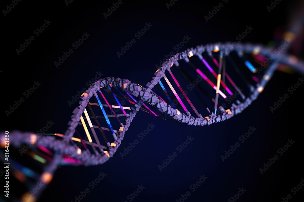 Artificial DNA molecule, artificial intelligence, colorful spiral. DNA helix colorful genes chromosomes DNA sequence, DNA structure