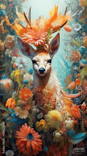 Close-up portrait of a majestic deer in fantasy background. Wildlife animals..Deer Bright colorful paint