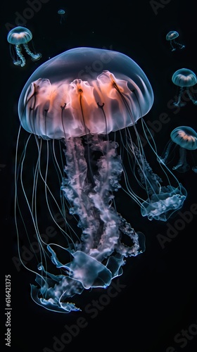 Glowing jellyfish swim deep in blue sea.colorful glowing jellyfish in the dark