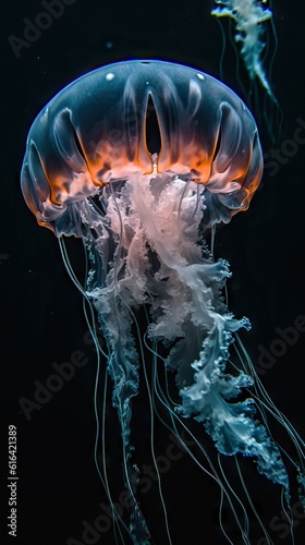 Glowing jellyfish swim deep in blue sea.colorful glowing jellyfish in the dark