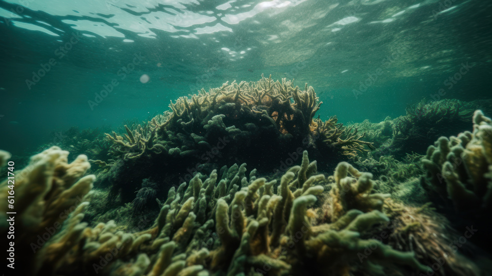 a view of corals and algae from below the surface of the ocean. Generative AI a view of corals and algae from below the surface of the ocean. Generative AI
