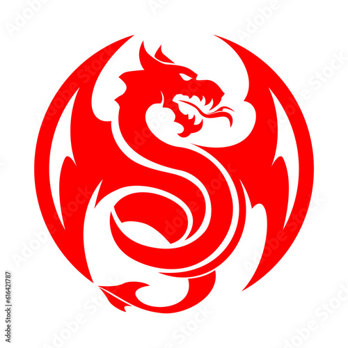 Winged fire breathing dragon silhouette circle icon. Vector on transparent background