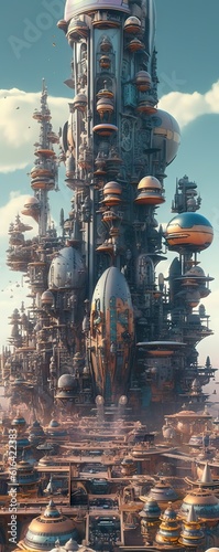 massive floating city illustration anime style, conceptual futuristic cyber goth