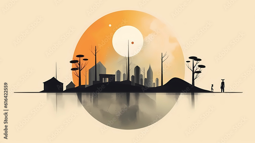 Obraz premium Minimalist design urban landscape with silhouette of a city and nature. Can be used for cityscape promotions, business presentations, or website banners.