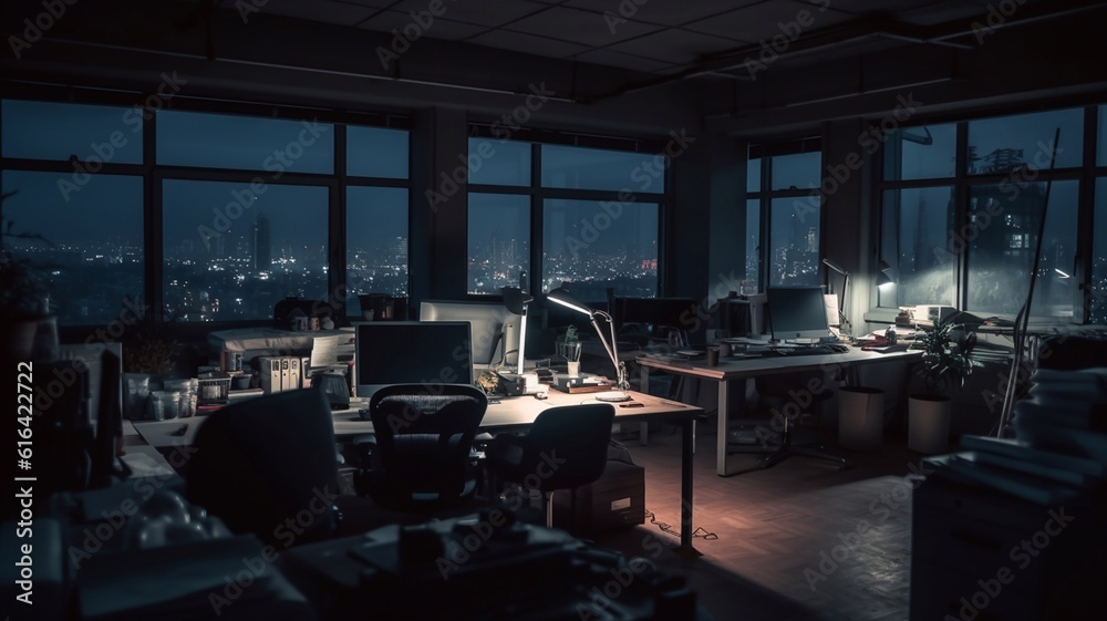 An office workspace in the evening with a view of the city at night. Generative AI. An office workspace in the evening with a view of the city at night. Generative AI.