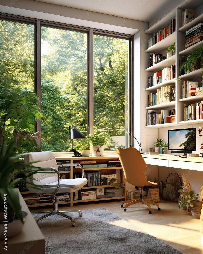 Fototapeta premium Modern beauty home office desk, green plants, relax and good energies space, student and worker dream space