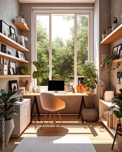 Modern beauty home office desk  green plants  relax and good energies space  student and worker dream space