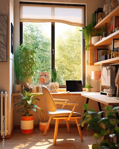 Modern beauty home office desk  green plants  relax and good energies space  student and worker dream space