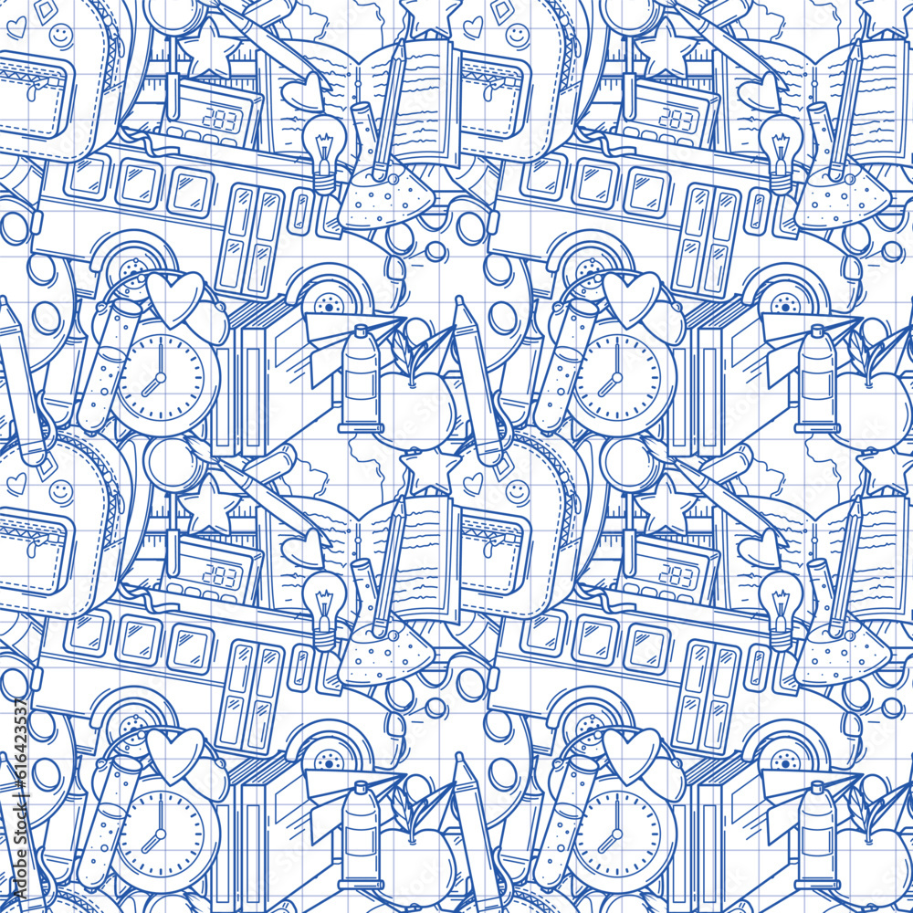 Obraz premium Seamless pattern with school supplies and creative elements in sketch style on a white checkered background. Back to school background