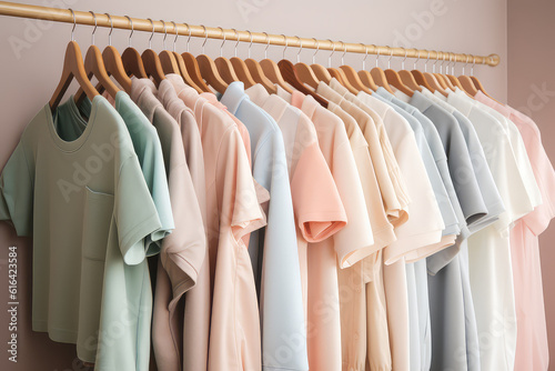 Clothes in pastel light colors hang on rack in sunlight. Delicate pastel palette of woman closet. Generative AI professional photo imitation.