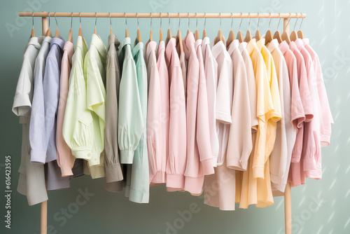 Clothes in pastel light colors hang on rack in sunlight. Delicate pastel palette of woman's closet. Generative AI professional photo imitation.