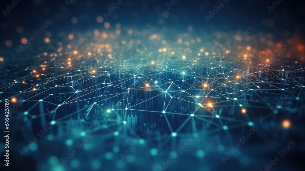 Abstract blue green technology background with a cyber network grid and